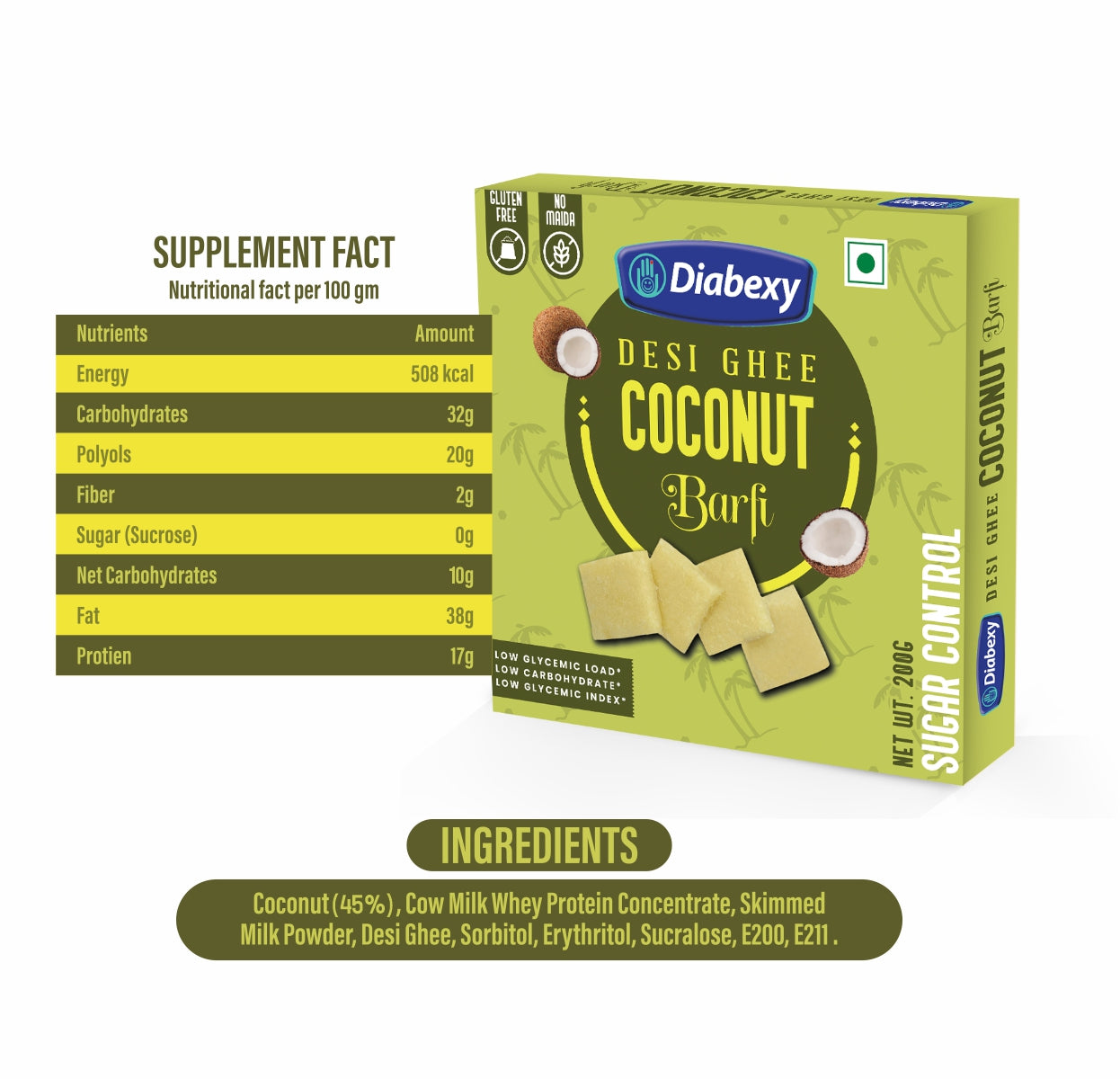 Diabexy Desi Ghee Sugar Free Coconut Barfi - 200 gm with one Rakhi