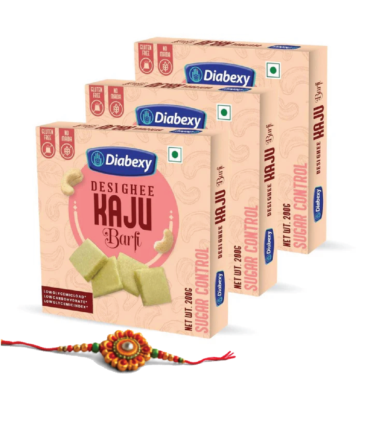 Diabexy Desi Ghee Sugar Free Kaju Barfi - 200g with One Rakhi