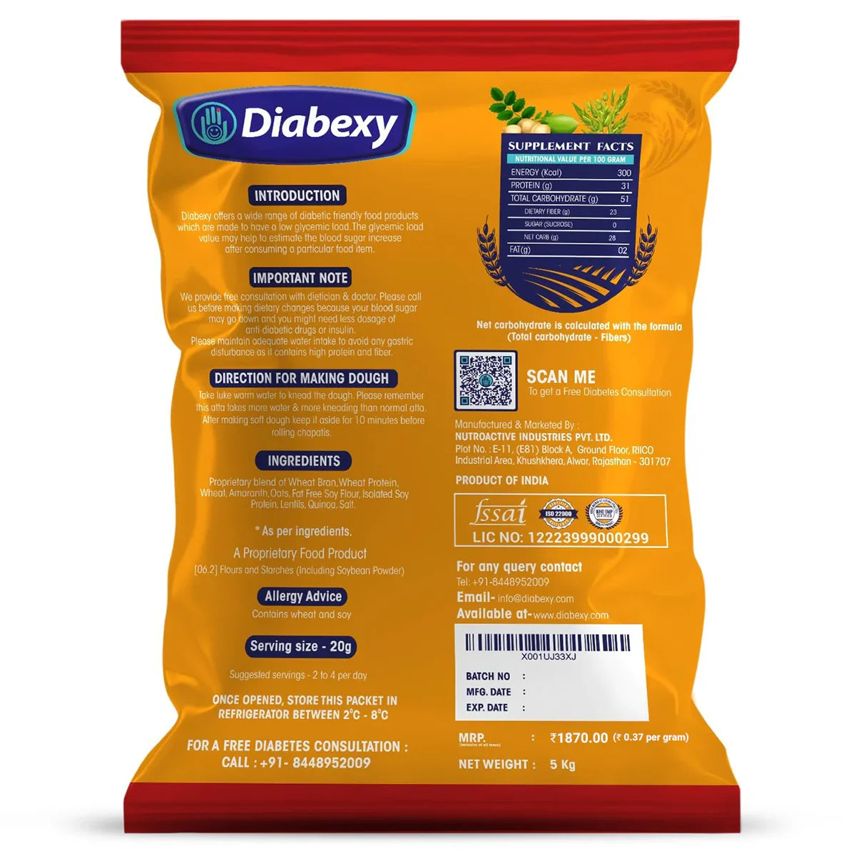 Diabexy nuts atta with low glycemic load, high protein, and low net carbs for diabetic friendly flour, sugar control atta, and healthy Indian roti.