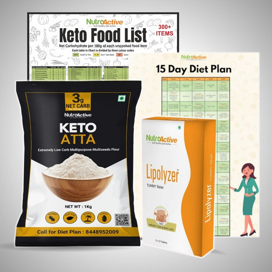 Premium Weight Loss Kit (Keto atta 1 kg, Lipolyzer Tummy tablet, Keto Food List & 15 days Diet Plan)