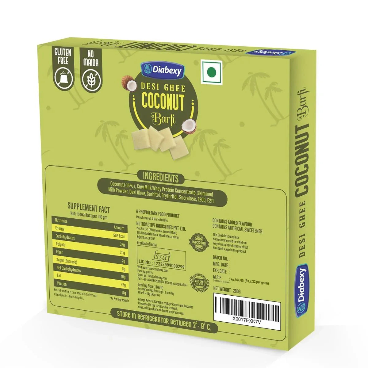 Diabexy sugar free coconut barfi with desi ghee, low net carbs, erythritol, and natural sweeteners for diabetic sweets, healthy mithai, and sugarless desserts.