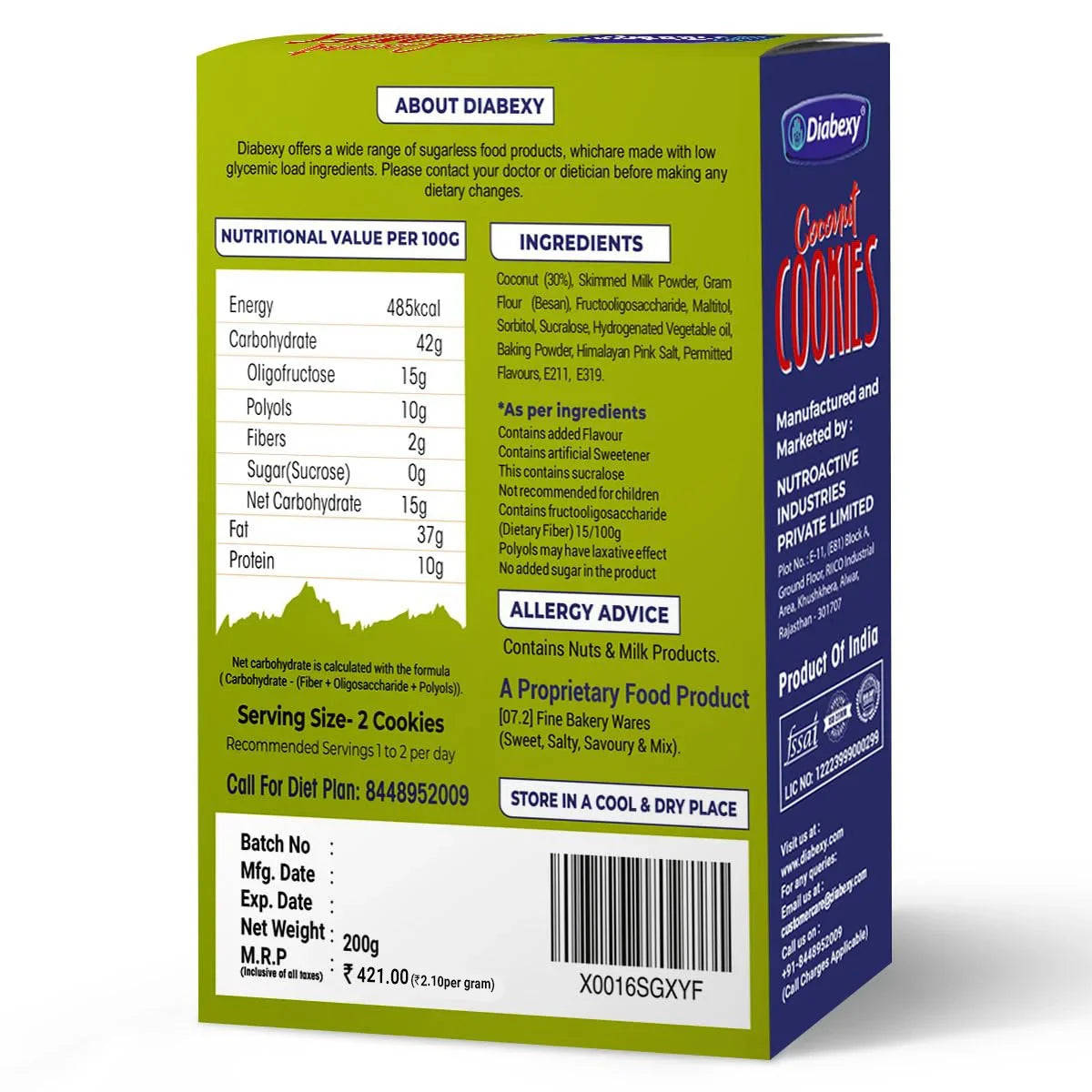 Diabexy coconut cookies with zero sugar, low net carbs, and sucralose for diabetic friendly snacks, sugarless biscuits, and healthy low glycemic treats.