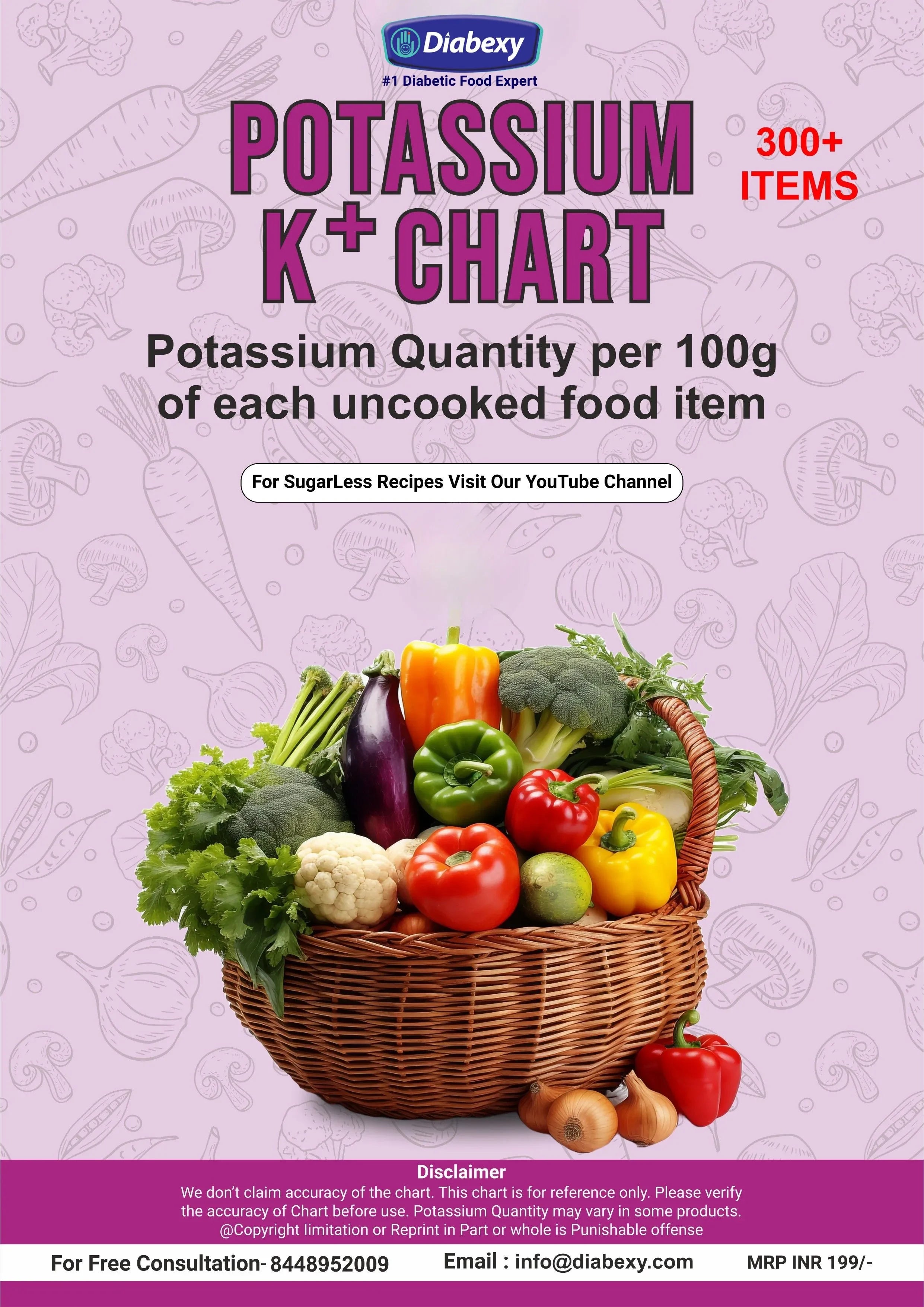 Diabexy Potassium Chart listing 300+ food items per 100g for sugar-free recipes, diabetic-friendly low potassium foods, and low glycemic ingredients for sugar control and healthy cooking.

